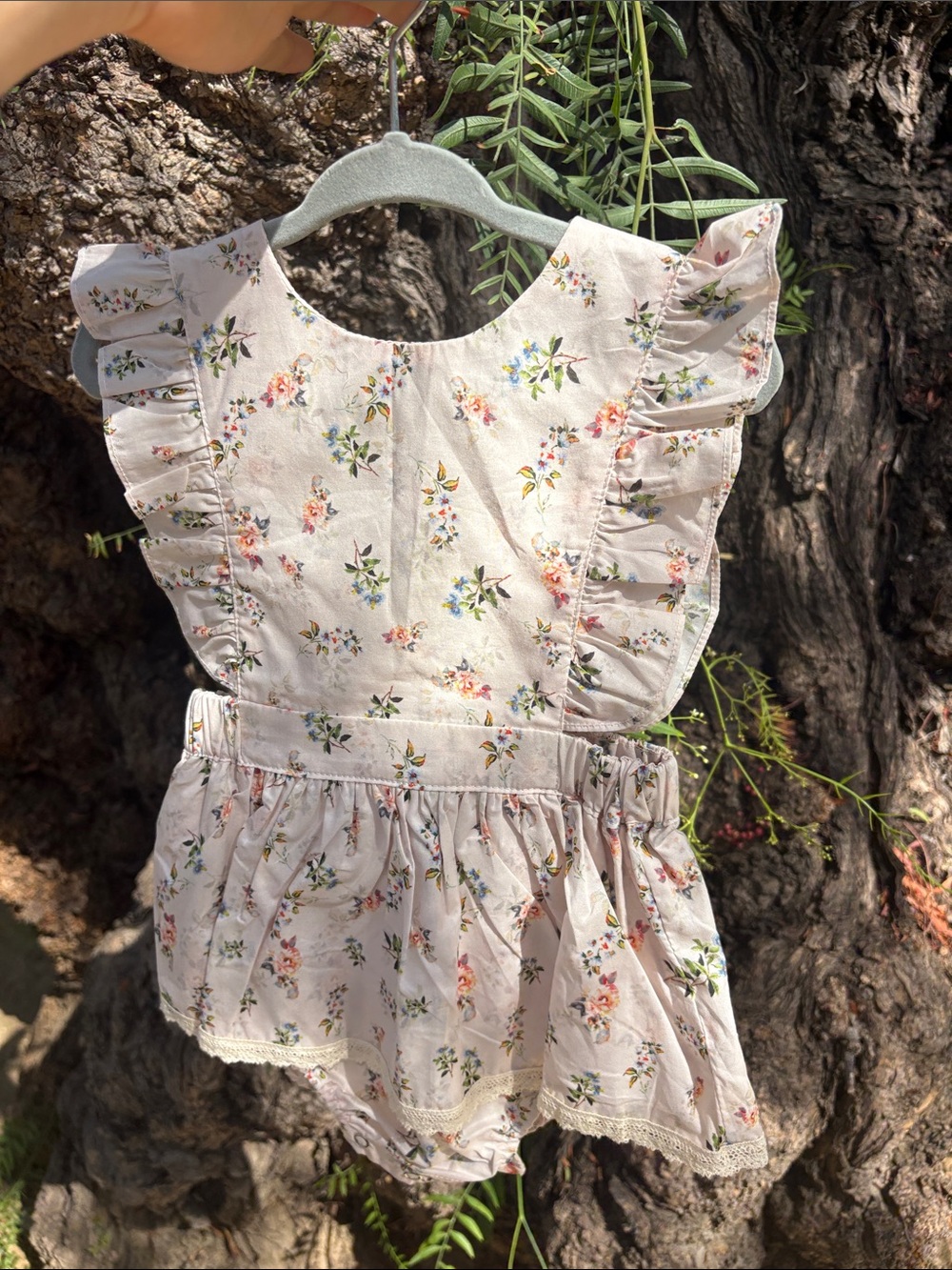 Girls Floral Ruffle Romper in Pale Pink